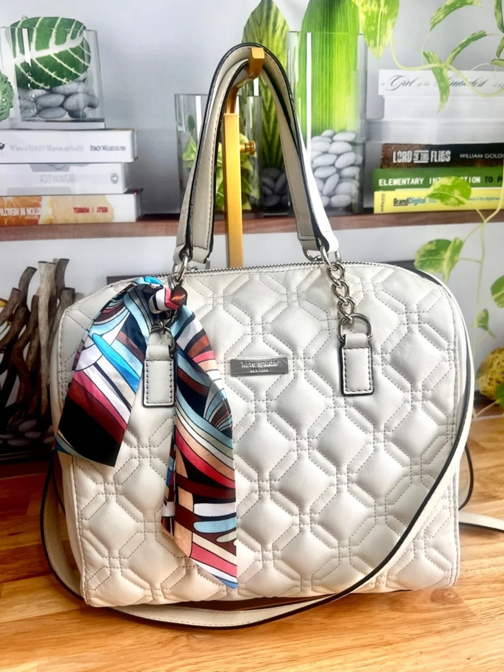 Kate Spade Alessa Astor Court Cream Quilted Satchel Bag with Scarf Accent - Picture 13 of 13
